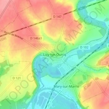 Mapa topográfico Lizy-sur-Ourcq, altitud, relieve