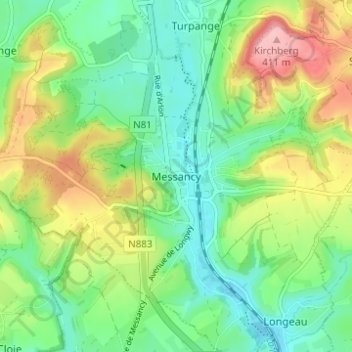 Mapa topográfico Messancy, altitud, relieve