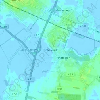 Mapa topográfico Tichelwarf, altitud, relieve