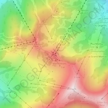 Mapa topográfico Mont d'Arbois, altitud, relieve