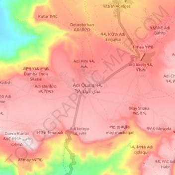 Mapa topográfico Adi Quala, altitud, relieve
