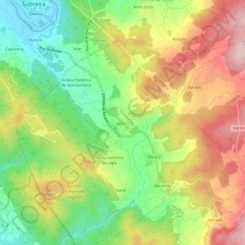 Mapa topográfico Lagares, altitud, relieve