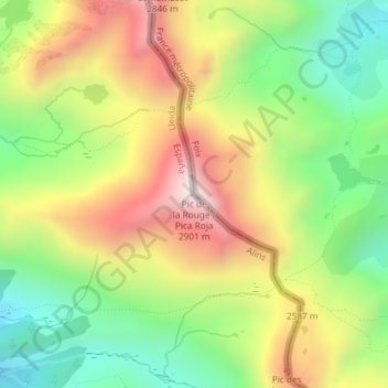 Mapa topográfico Pic de la Soucarrane ou de la Rouge, altitud, relieve