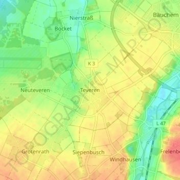 Mapa topográfico Teveren, altitud, relieve