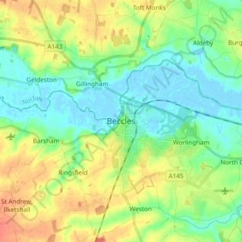 Mapa topográfico Beccles, altitud, relieve