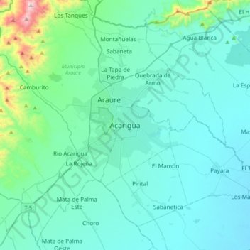 Mapa topográfico Acarigua, altitud, relieve