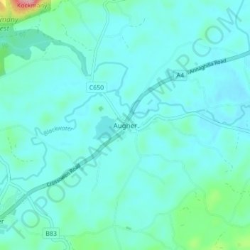 Mapa topográfico Augher, altitud, relieve