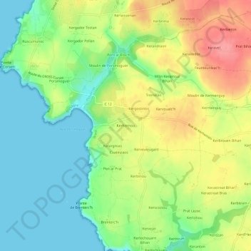 Mapa topográfico Kerhornou, altitud, relieve