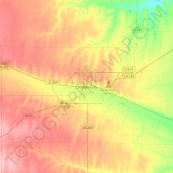 Mapa topográfico Dodge City, altitud, relieve