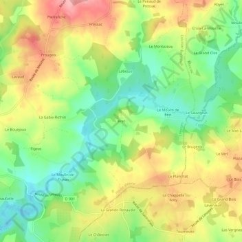 Mapa topográfico Bret, altitud, relieve