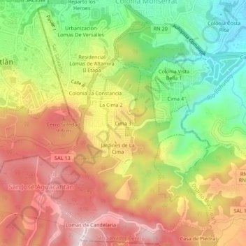 Mapa topográfico Cima 3, altitud, relieve