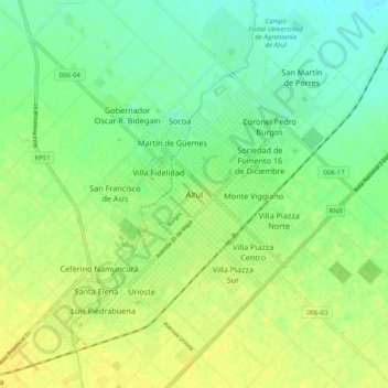 Mapa topográfico Azul, altitud, relieve