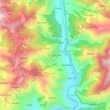 Mapa topográfico Bhakhand, altitud, relieve
