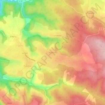 Mapa topográfico Poudurac, altitud, relieve