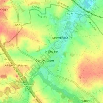 Mapa topográfico Hélécine, altitud, relieve