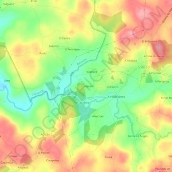 Mapa topográfico O Cotarón, altitud, relieve