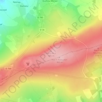 Mapa topográfico Roc’h Ruz, altitud, relieve