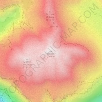 Mapa topográfico Tobacor, altitud, relieve