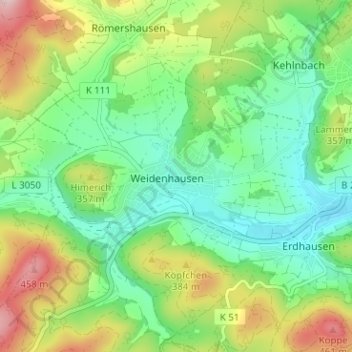 Mapa topográfico Weidenhausen, altitud, relieve