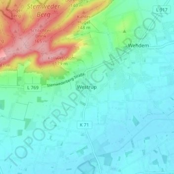 Mapa topográfico Westrup, altitud, relieve