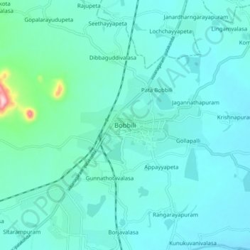 Mapa topográfico Bobbili, altitud, relieve