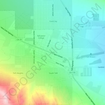 Mapa topográfico Taft, altitud, relieve