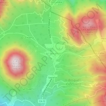 Mapa topográfico Los Naranjos, altitud, relieve