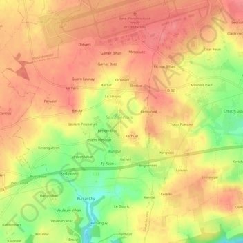 Mapa topográfico Le Ménez, altitud, relieve
