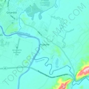 Mapa topográfico Ricaurte, altitud, relieve
