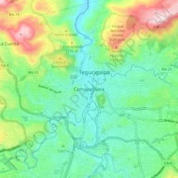 Mapa topográfico Comayagüela, altitud, relieve