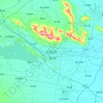 Mapa topográfico 平顶山市, altitud, relieve