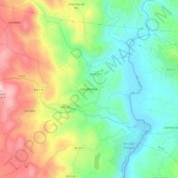 Mapa topográfico Carvalhelhos, altitud, relieve