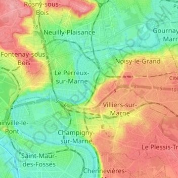 Mapa topográfico Bry-sur-Marne, altitud, relieve