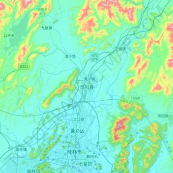 Mapa topográfico 灵川县, altitud, relieve