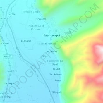 Mapa topográfico Las Tiendas, altitud, relieve