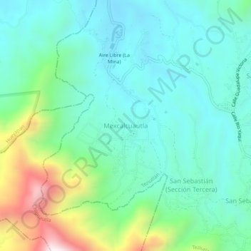 Mapa topográfico Mexcalcuautla, altitud, relieve
