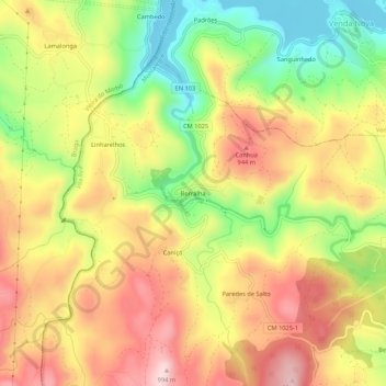 Mapa topográfico Borralha, altitud, relieve