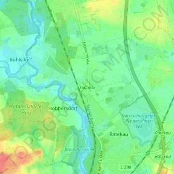 Mapa topográfico Techau, altitud, relieve