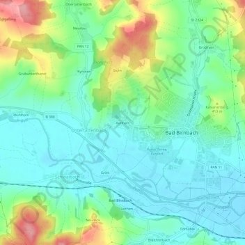 Mapa topográfico Aunham, altitud, relieve