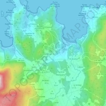 Mapa topográfico Moraime, altitud, relieve