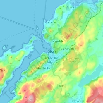 Mapa topográfico Oban, altitud, relieve