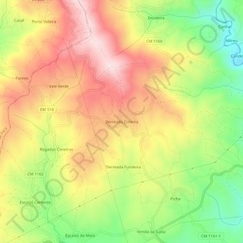 Mapa topográfico Derreada Cimeira, altitud, relieve