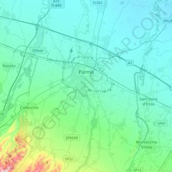 Mapa topográfico Parma, altitud, relieve