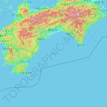 Mapa topográfico 四国地方, altitud, relieve