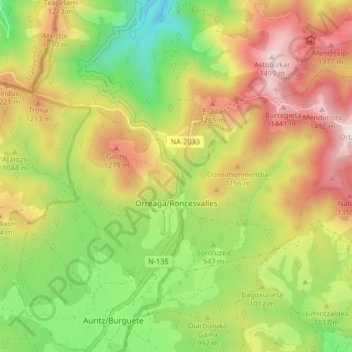 Mapa topográfico Roncesvalles, altitud, relieve