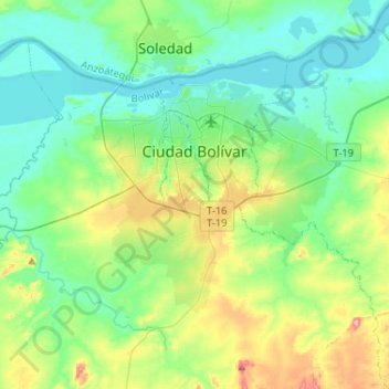 Mapa topográfico Ciudad Bolívar, altitud, relieve