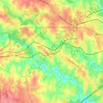 Mapa topográfico Duncan, altitud, relieve