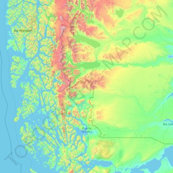 Mapa topográfico Natales, altitud, relieve