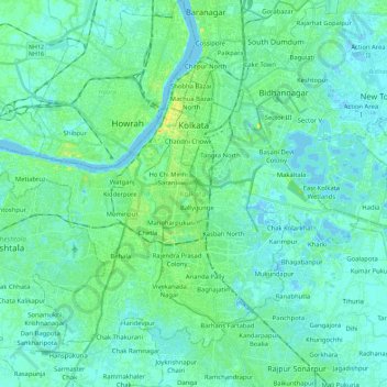 Mapa topográfico Calcuta, altitud, relieve