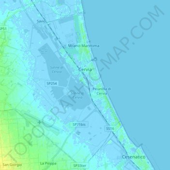 Mapa topográfico Cervia, altitud, relieve